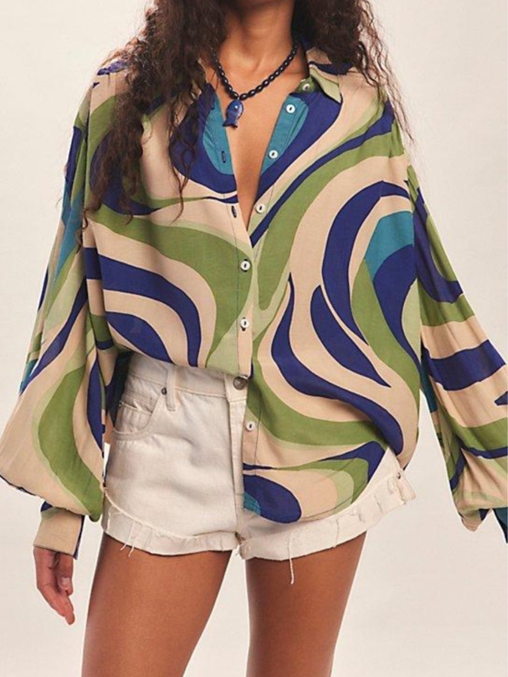 NWT Free People Joy Printed Button Down Shirt in Teal & Blue Combo